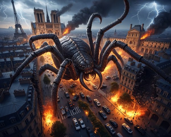 Metallic spider over devastated Paris with chaos and flames