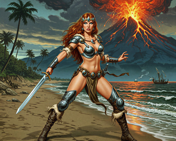 Warrior in Armor on Beach with Volcanic Eruption
