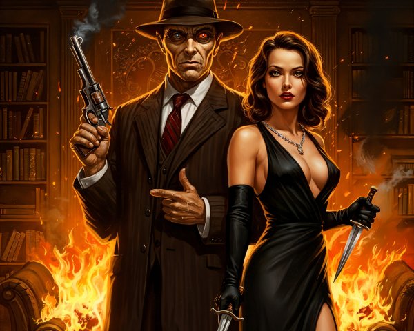 Dramatic Scene with Man, Woman, and Fiery Backdrop