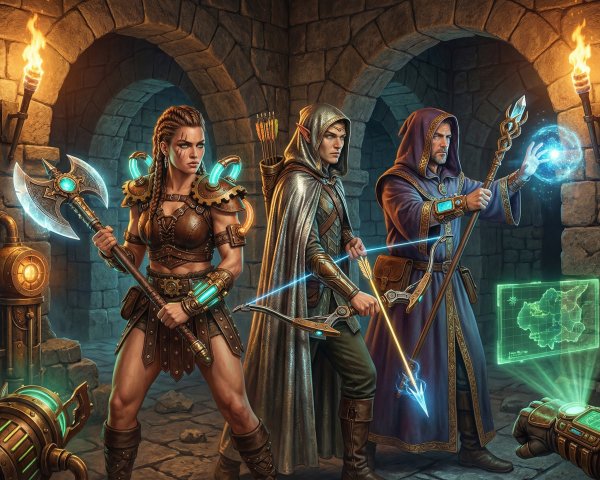 Fantasy Characters in Combat Gear in a Dungeon