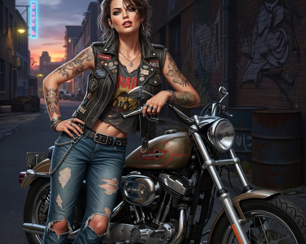 Confident Woman with Motorcycle in Urban Alley
