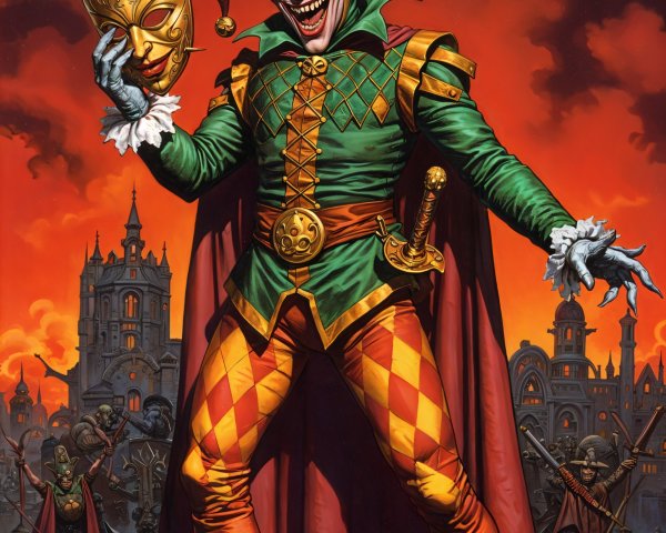 Mischievous jester in vibrant attire at sunset