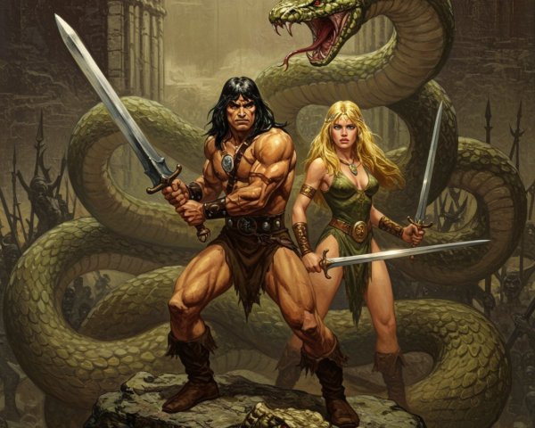 Warrior and Female Companion in Fantasy Battle Scene