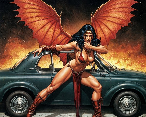 Winged Female Figure with Vintage Car and Explosion