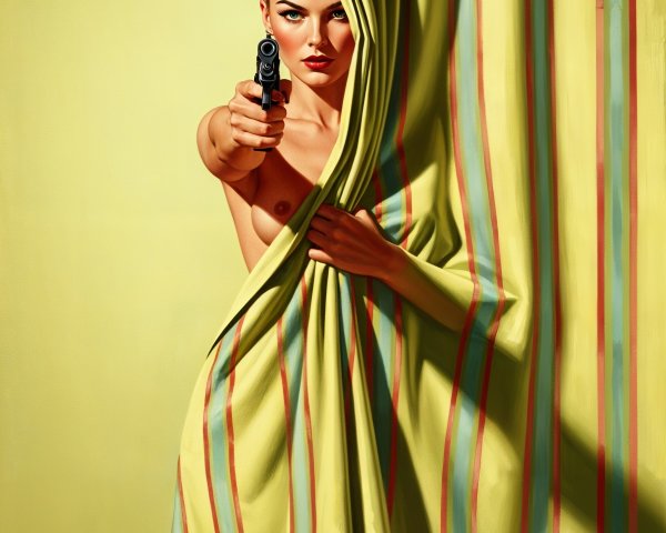Retro-Inspired Scene with Confident Woman and Handgun