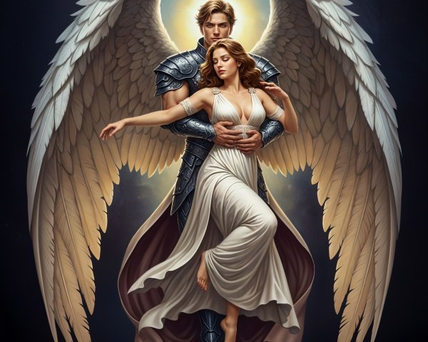 Majestic angel with woman in a celestial setting