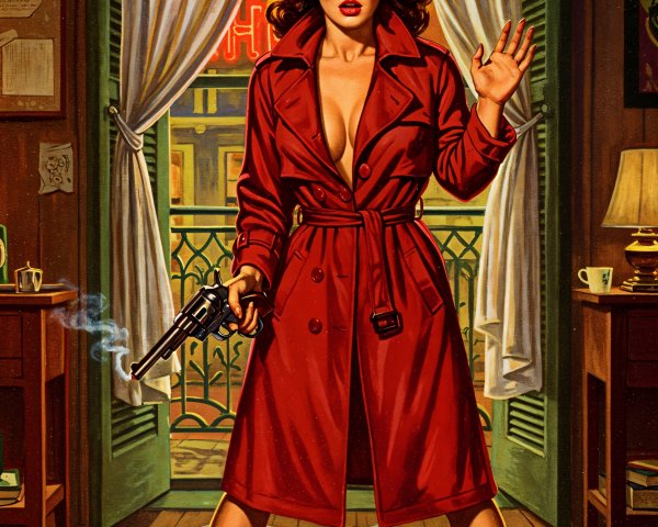 Femme Fatale in Red Trench Coat with Gun in Dim Room