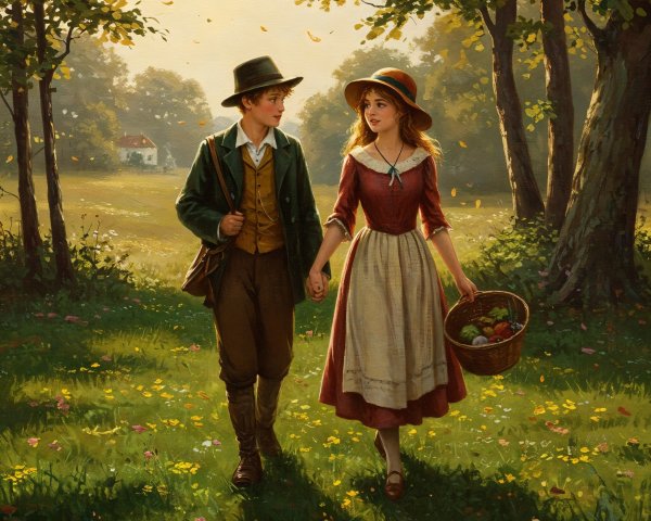 Young couple in vintage attire in a sunlit meadow