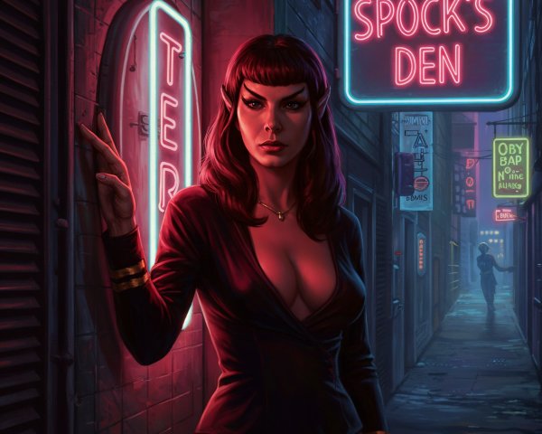Striking Woman in Neon Alley with Mysterious Vibe