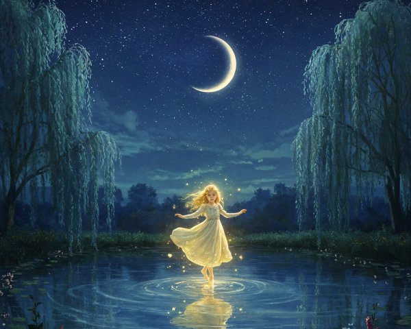 Serene Night Scene of a Girl Dancing in a Pond