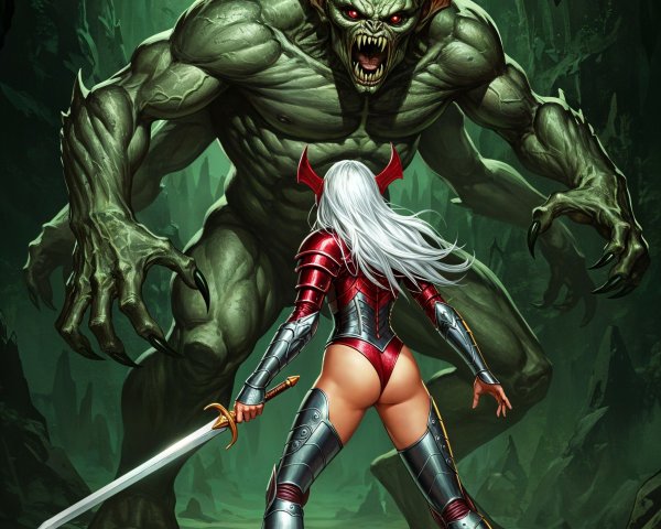 Warrior Woman Confronts Menacing Creature in Cave