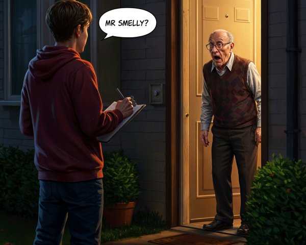 Young man surprised at elderly man's doorstep in evening