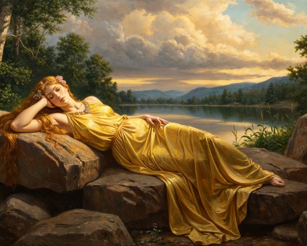 Woman in Golden Gown by Tranquil Lake Landscape
