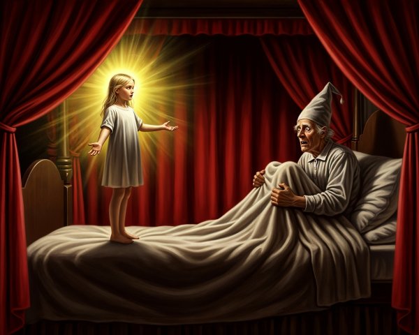 Young girl glows in dim bedroom with surprised man