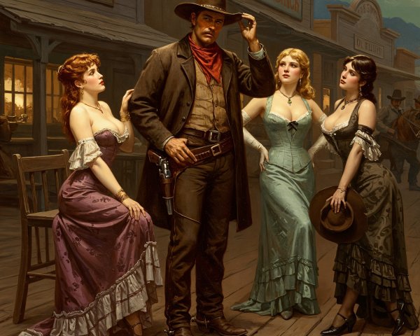 Cowboy and Women in Vibrant Wild West Scene