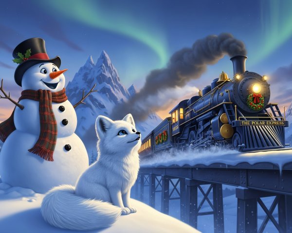 Whimsical Winter Scene with Snowman and Fox