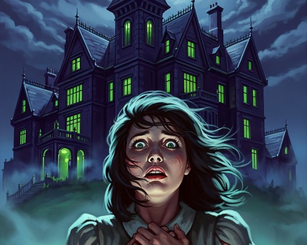 Frightened Woman Stares at Ominous Mansion in Mist