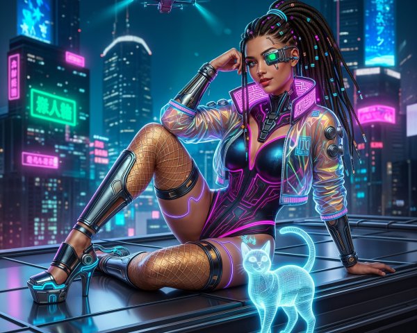 Futuristic cityscape with neon lights and cybernetic fashion