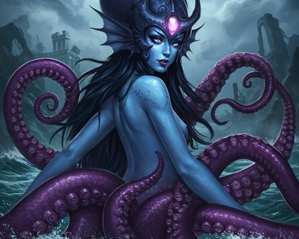 Mystical Underwater Scene with Blue Figure and Tentacles