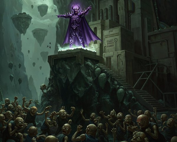 Cloaked Figure with Purple Aura in Mystical Landscape