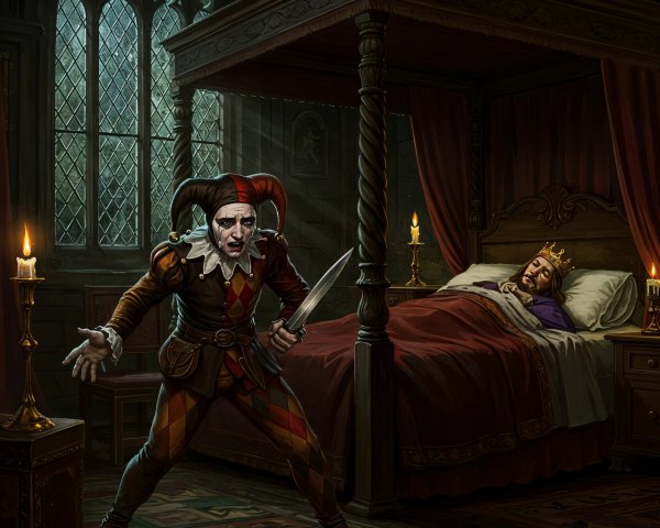 Jester with Knife in Dark Medieval Chamber Scene