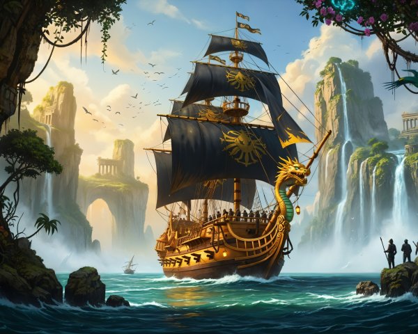Majestic pirate ship in turquoise waters with landscapes