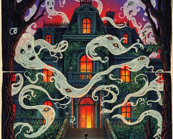 Mysterious Figure Approaches Ivy-Covered Mansion at Dusk