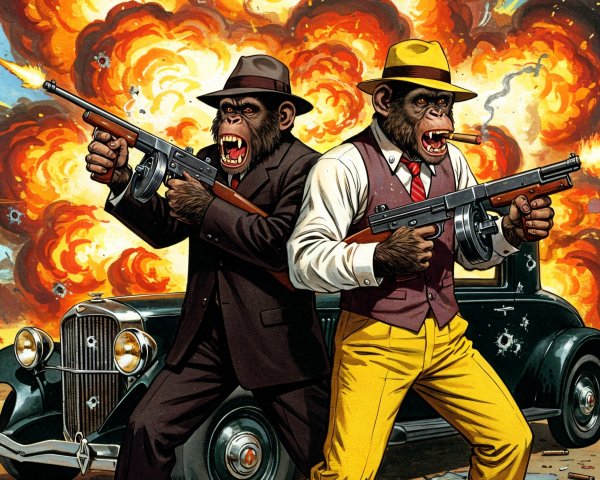 Anthropomorphic Apes in Gangster Attire with Tommy Guns