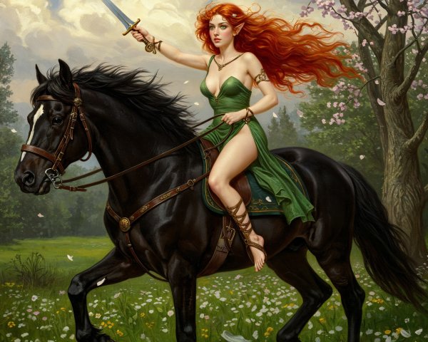 Fierce warrior in green gown rides black horse in meadow