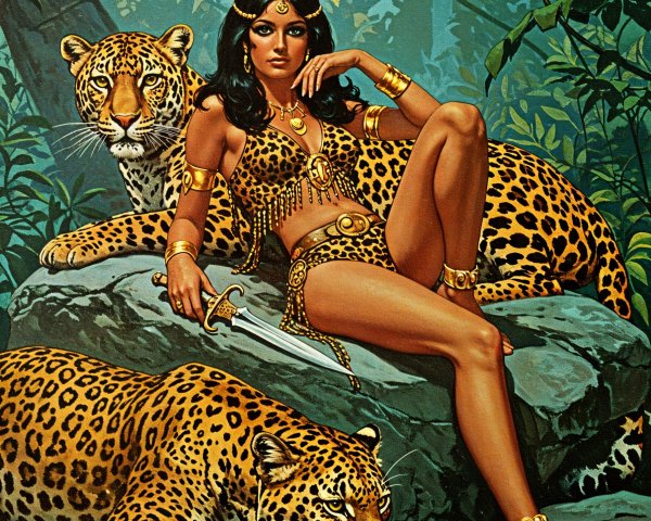 Woman in Leopard Outfit with Leopards in Jungle