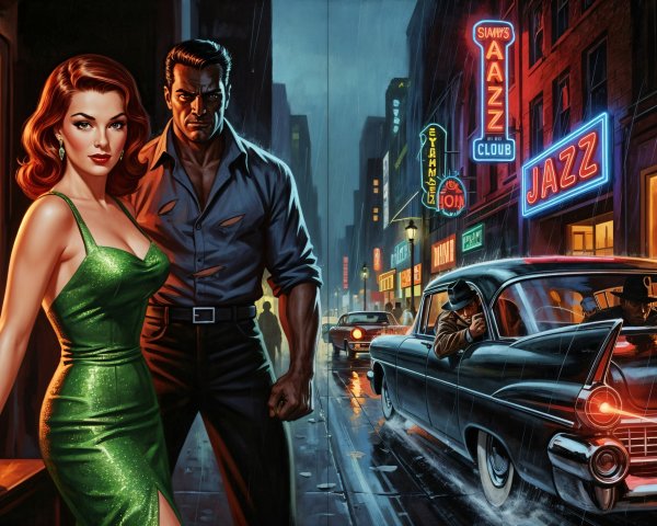 Film Noir Digital Artwork of Glamorous Couple at Night