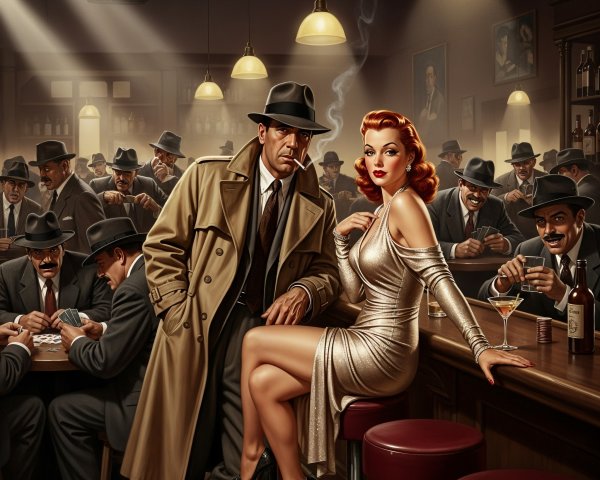 Vintage Bar Scene with Suave Man and Glamorous Woman