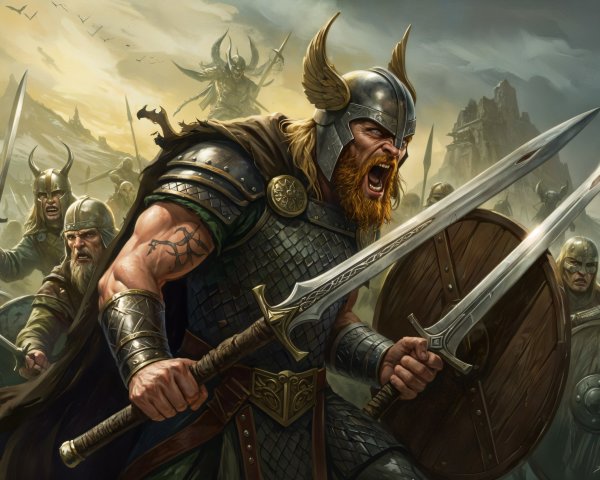 Norse Warrior in Ornate Armor with Sword and Shield