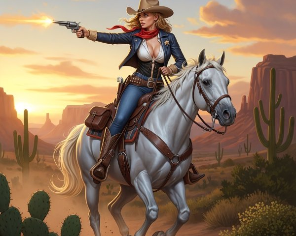 Cowgirl Riding White Horse in Desert at Sunset