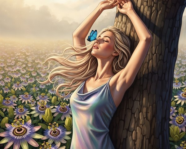 Serene scene of a woman in a flower field