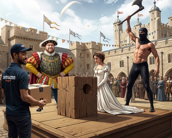 Medieval Scene with Delivery Person and Dramatic Event