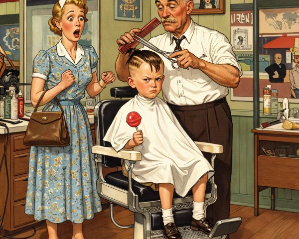 Vintage Barber Shop Scene with Boy and Barber