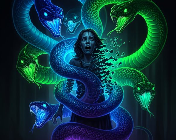 Digital painting of a woman dissolving with serpents