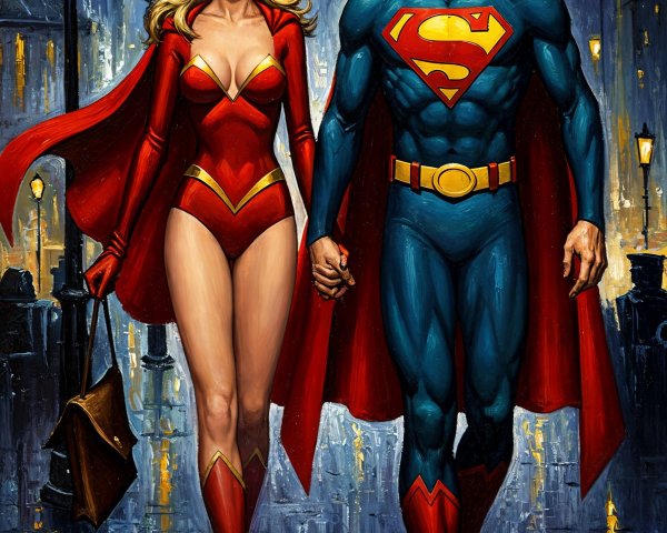 Superhero Couple in Urban Setting at Night