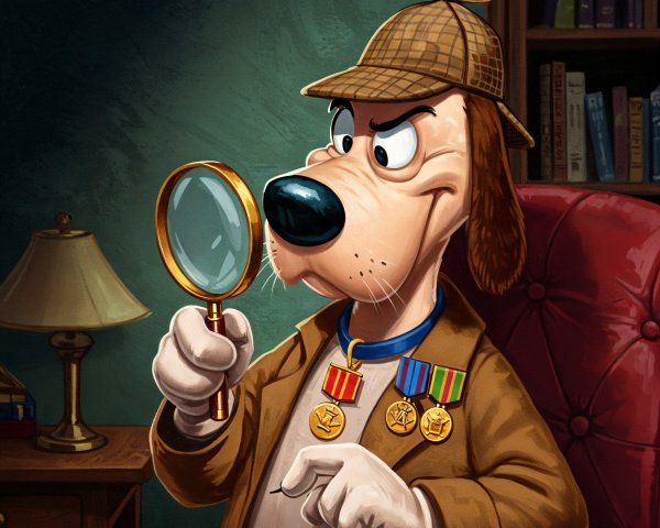 Cartoon Dog Detective in Cozy Room with Magnifying Glass