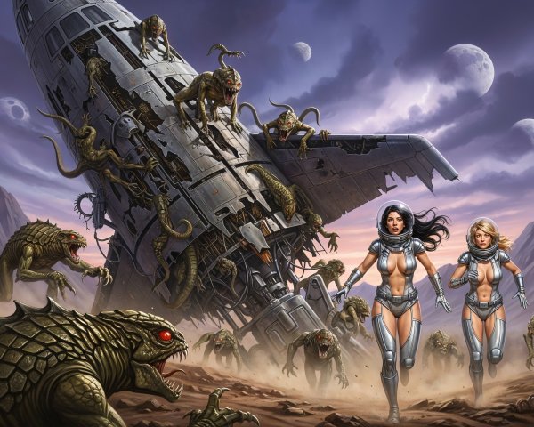 Astronauts Escape Reptilian Creatures in Alien Landscape