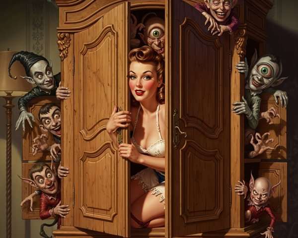 Vintage Lingerie Scene with Whimsical Goblins and Sprites