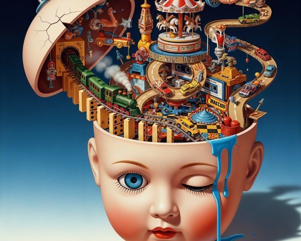 Surreal Doll's Head with Miniature Whimsical World