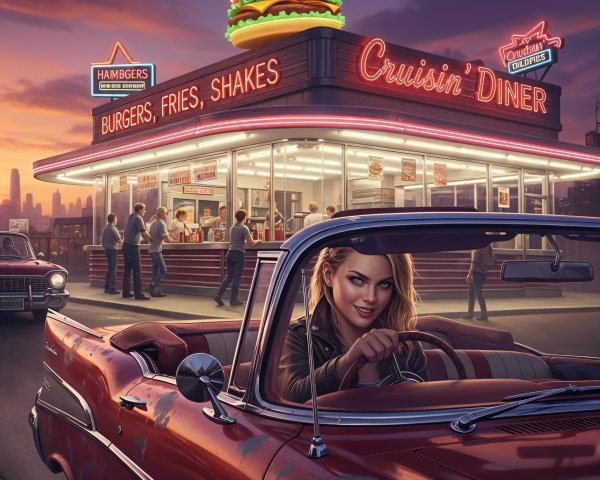 Retro Diner with Neon Lights and Classic Cars