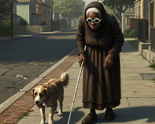 Elderly Woman with Dog on Tree-Lined Street