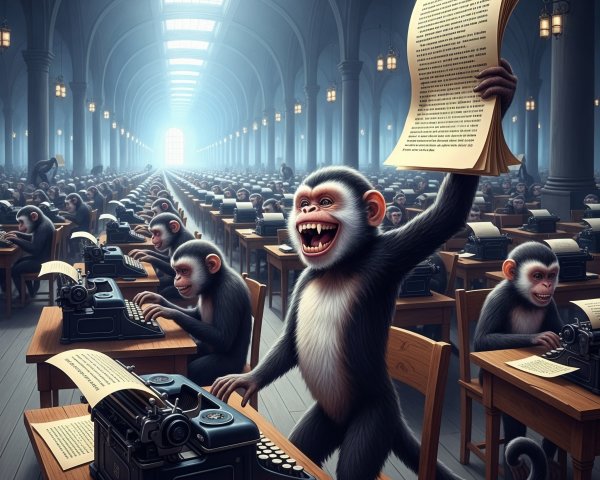 Monkeys Typing on Vintage Typewriters in Library