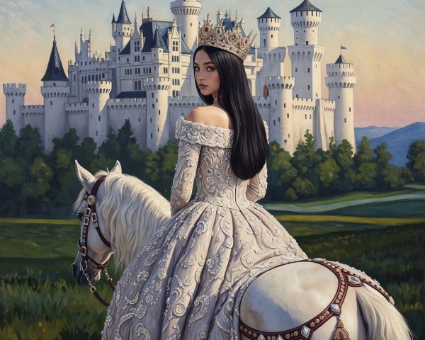 Regal figure on horse with castle backdrop at sunset