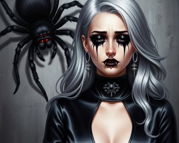 Gothic Figure with Silver Hair and Ominous Spider