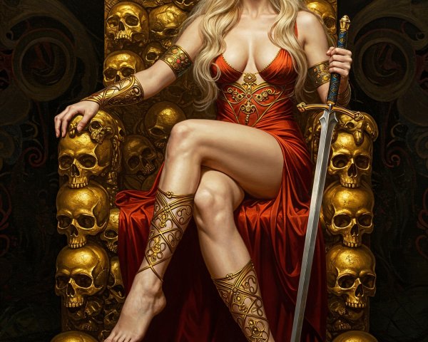 Warrior queen on throne with gold skulls and sword