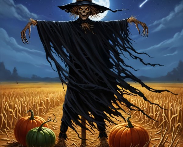 Spooky Scarecrow in Wheat Field Under Full Moon